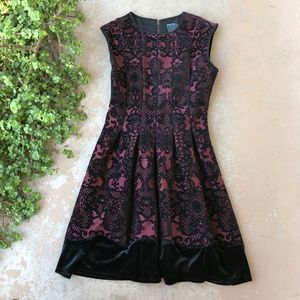 Gabby Skye Black and Burgundy Lace-Pattern Mini Dress